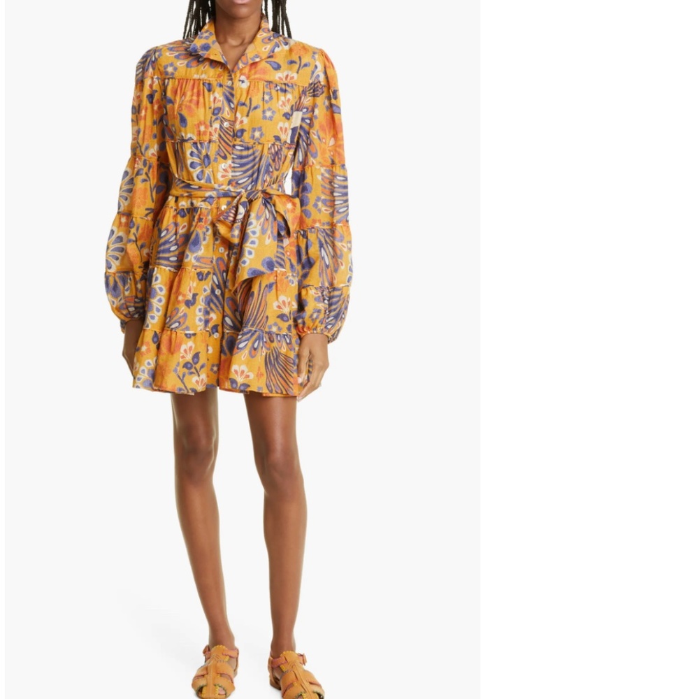 NWT $240 FARM Rio Pineapple Flowers Tiered Long Sleeve Shirtdress- size Medium!